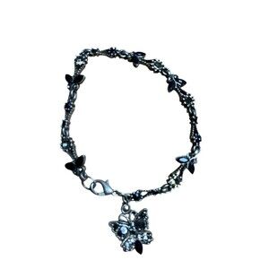 Vintage AAI Butterfly Charm Bracelet Silver Tone Faceted Black Stones 7"